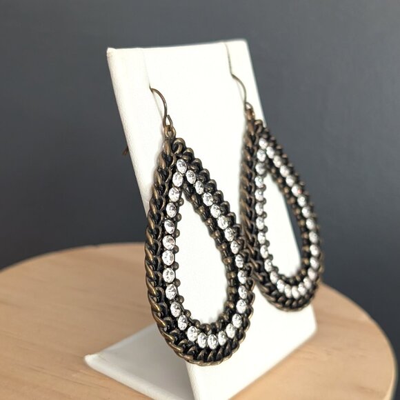 Oversize tear drop metal earrings with cz accents - Picture 3 of 7